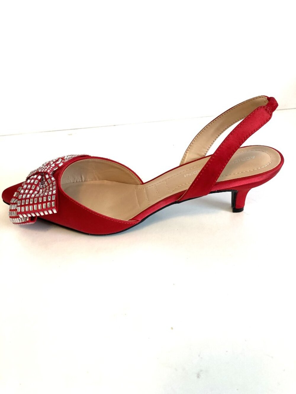 Adrienne Vittadini Red Satin Slingback Heels w/ Rhinestone Bow/ Size 9M - Picture 5 of 12